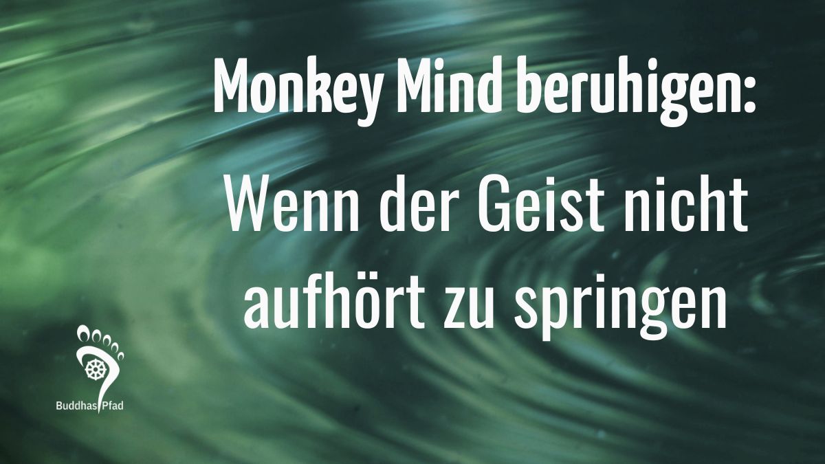 Beitragsbild zum Artikel Monkey Mind mit Titel und Logo von BuddhasPfad. Im Hintergrund eine Wasseroberfläche mit Grüntönen.